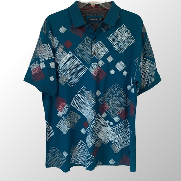Barabas Other - Barabas Men's 2XL‎ Polo Shirt Teal Blue White Abstract Geometric Squares Stretch